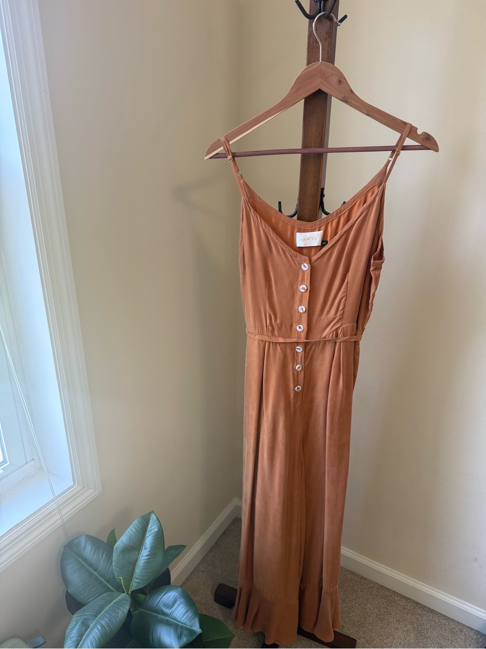 Button-Front Rust Brown Jumpsuit with Adjustable Straps